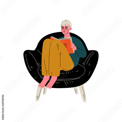 Young Man Sitting in Armchair and Reading Book, Guy Spending Weekend at Home and Relaxing Vector Illustration