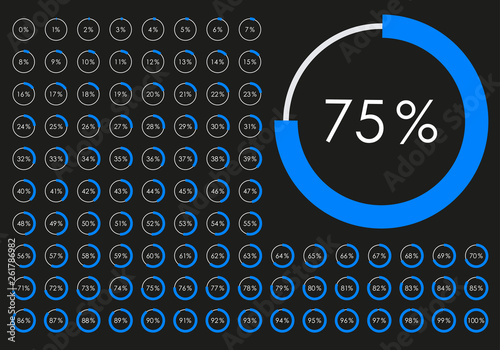 Circle Pie Chart from 1 to 100 percent. Percentage diagram set for infographic, UI, web design. Progress bar template. Vector illustration.