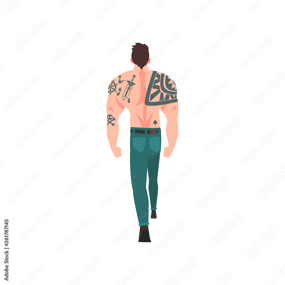 Muscular Man with Tattoo, Attractive Tattooed Guy with Bare Chest, Back View Vector Illustration