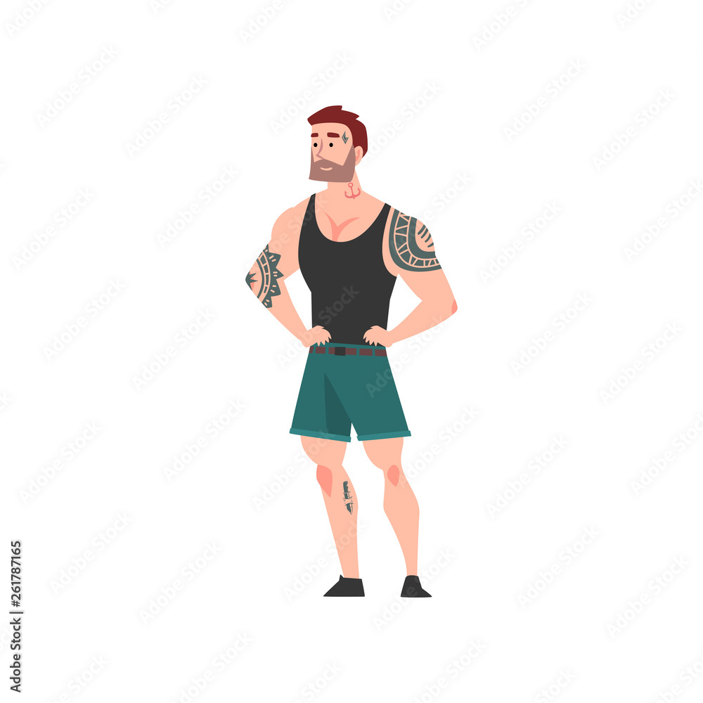 Bearded Muscular Man with Tattoo, Attractive Tattooed Guy Wearing Black Sleeveless Shirt and Shorts Vector Illustration Bearded Muscular Man with Tattoo, Attractive Tattooed Guy Wearing Black Sleeveless Shirt and Shorts Vector Illustration
