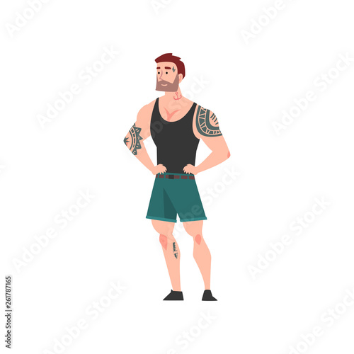 Bearded Muscular Man with Tattoo, Attractive Tattooed Guy Wearing Black Sleeveless Shirt and Shorts Vector Illustration