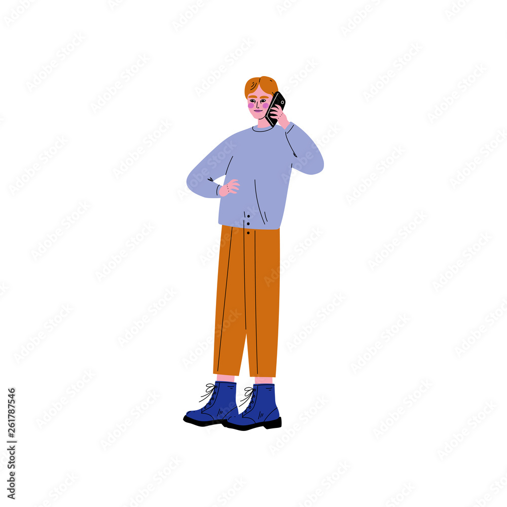 Guy in Modern Clothing Talking on Smartphone, Trendy Creative Young Man with  Electronic Gadget Vector Illustration