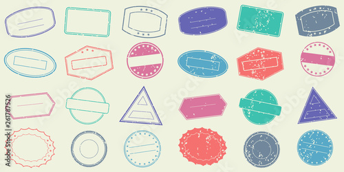 Stamp frame set with grunge borders. Empty seal collection. Vector illustration.