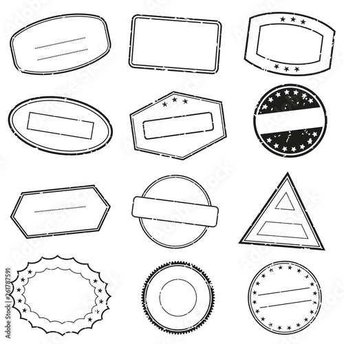 Empty stamp frames set with grunge texture. Stamps or seals without text. Vector illustration.