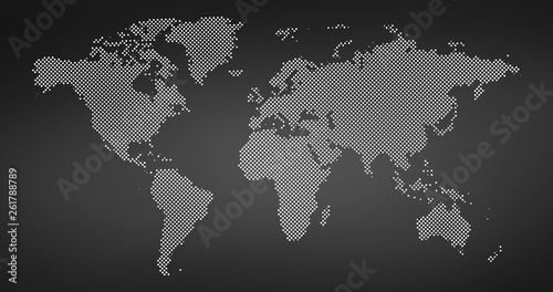 Fototapeta Naklejka Na Ścianę i Meble -  Black halftone dotted world map. Vector illustration. Dotted map in flat design. Vector illustration isolated on black background