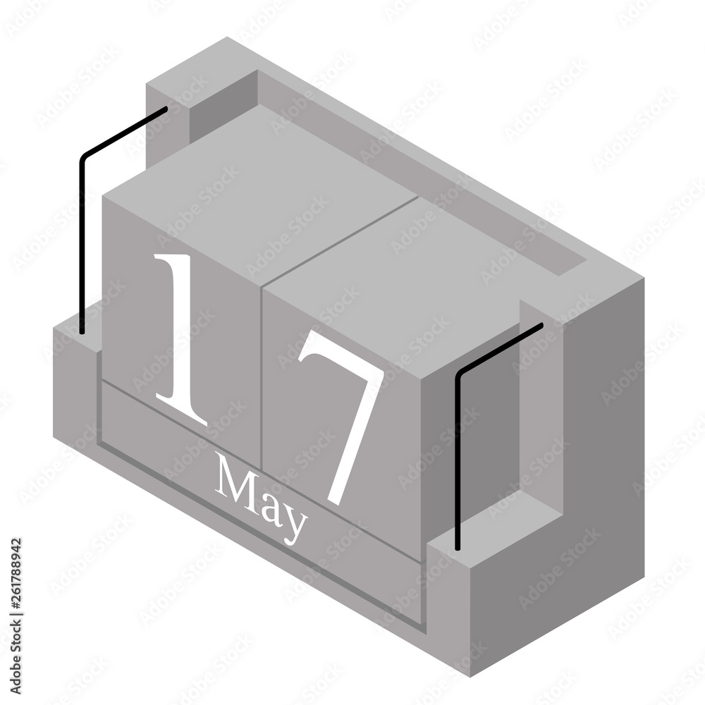 May 17th date on a single day calendar. Gray wood block calendar present date 17 and month May isolated on white background. Holiday. Season. Vector isometric illustration May 17th date on a single day calendar. Gray wood block calendar present date 17 and month May isolated on white background. Holiday. Season. Vector isometric illustration