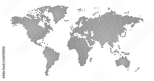 Black halftone hexagon dotted world map. Vector illustration. Dotted map in flat design. Vector illustration isolated on white background