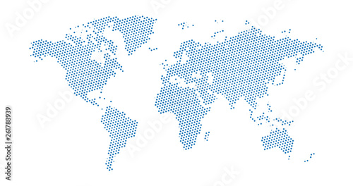 Black halftone dotted blue world map. Vector illustration. Dotted map in flat design. Vector illustration isolated on white background © CarryLove