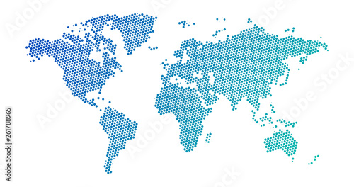 Black halftone dotted blue gradient world map. Vector illustration. Dotted map in flat design. Vector illustration isolated on white background