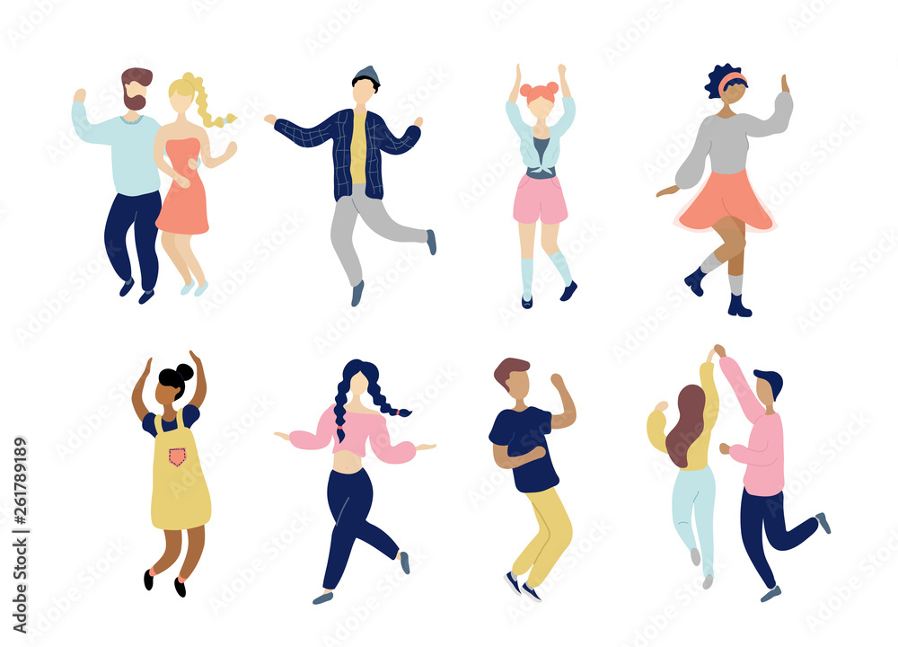 Fototapeta premium Young dancing tiny stylish people set.
