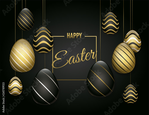 Greeting card with golden and black easter eggs and wishes of a Happy Easter. 3D eggs decorated with a striped pattern.