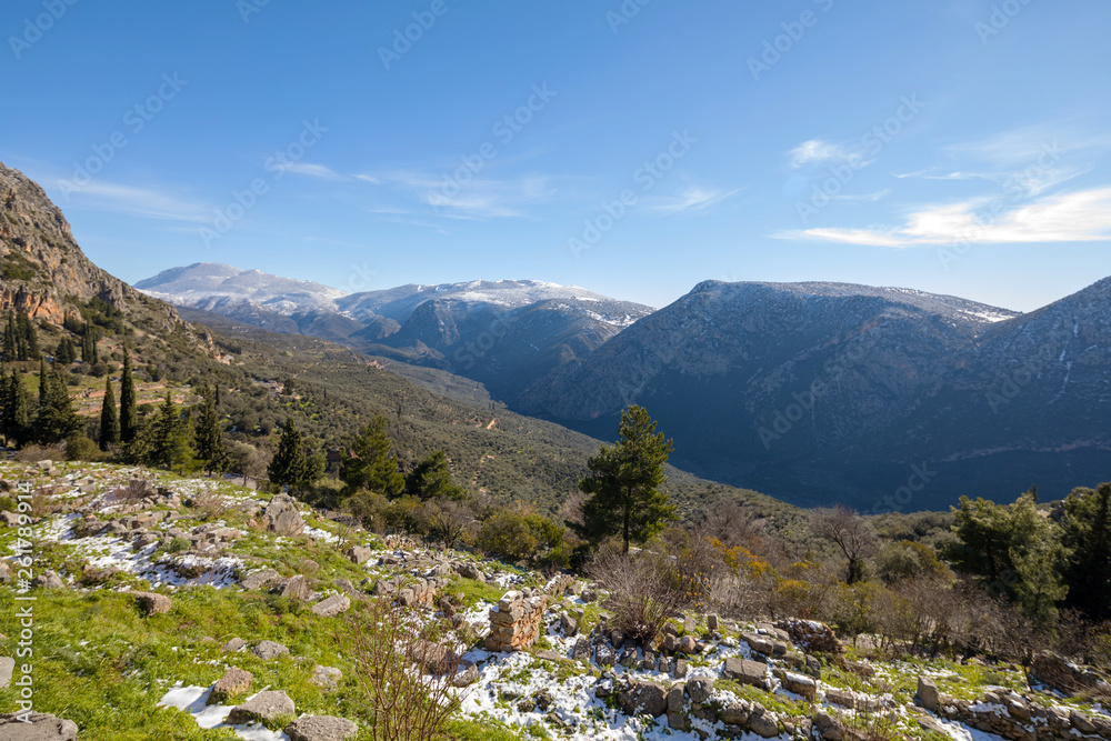 Delphi archaeological site with snow in a sunny day