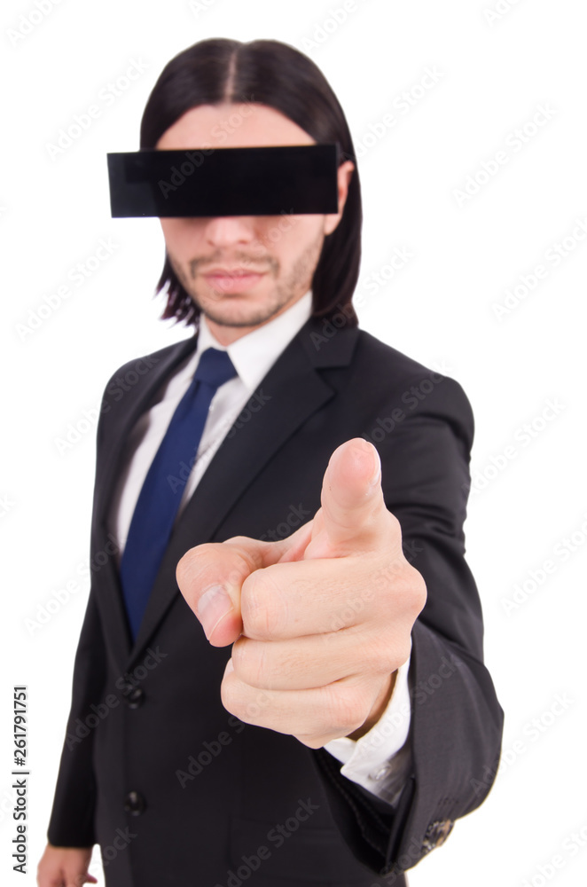 Young man with black face mask on white