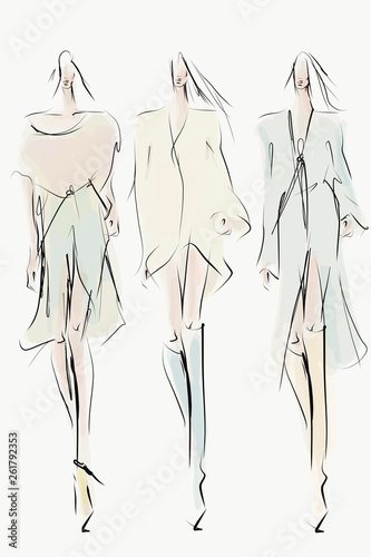 Hand-drawn fashion illustration. Young stylish women, girls, models. Sketch, vector