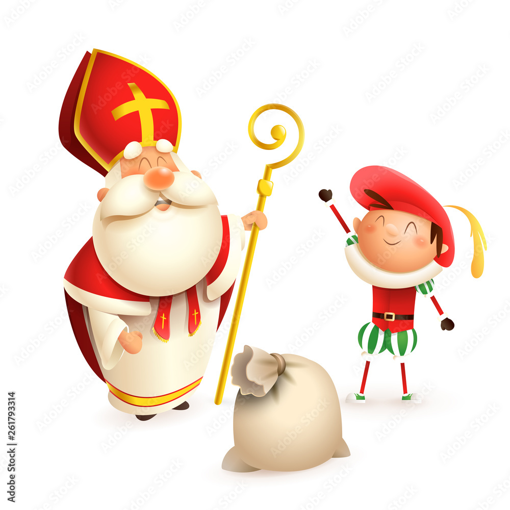 Saint Nicholas and helper Zwarte Piet with gift bag isolated on white background