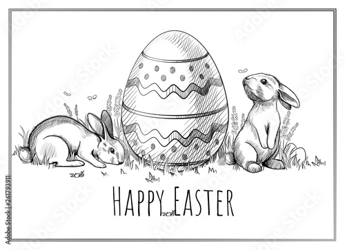 Greeting card with Happy Easter lettering. Background with hand drawn egg and two Easter Bunnies. Vector sketch of Paschal rabbits sitting on the grass. Egg hunt.