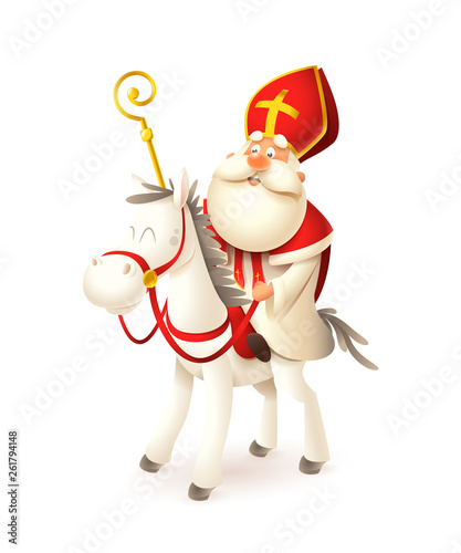 Saint Nicholas on white horse - Sinterklaas and Amerigo vector illustration isolated on white