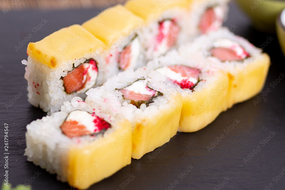 Sushi, rolls, fish, sauce