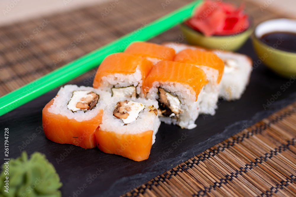 Sushi, rolls, fish, sauce Sushi, rolls, fish, sauce
