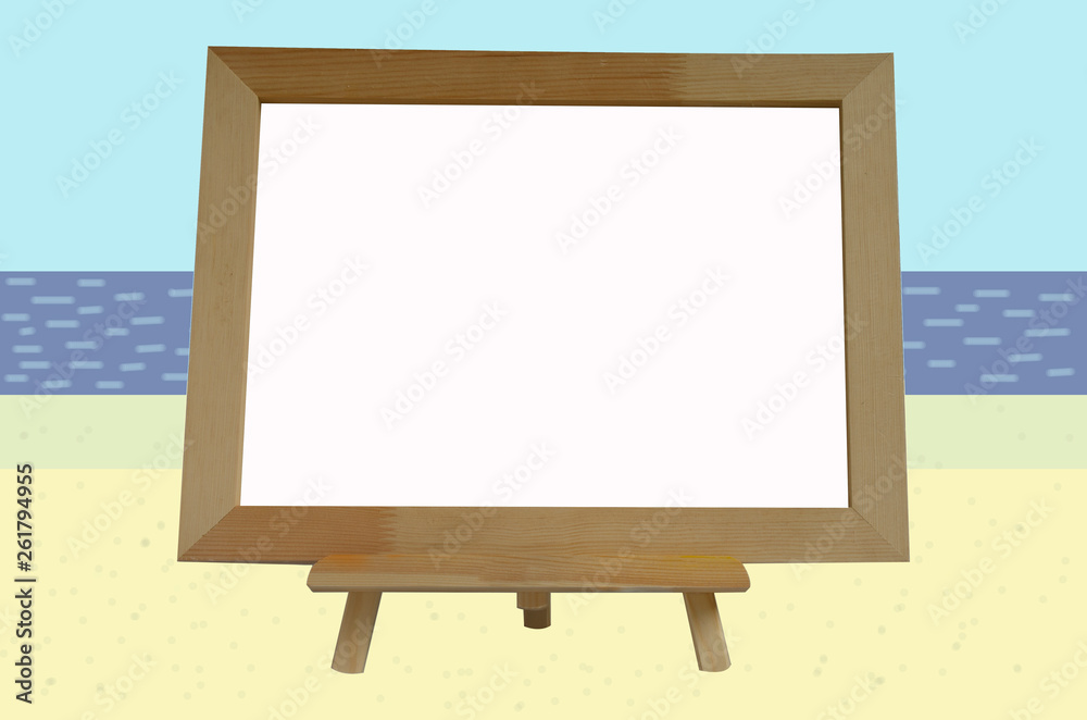 Table wooden easel, a white canvas in the background of a bright summer background. Template for inscription, drawing. Table wooden easel, a white canvas in the background of a bright summer background. Template for inscription, drawing.