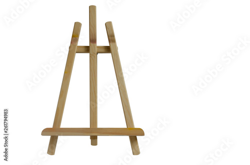 Table wooden easel tripod on white background.Isolated object. Artistic theme.
