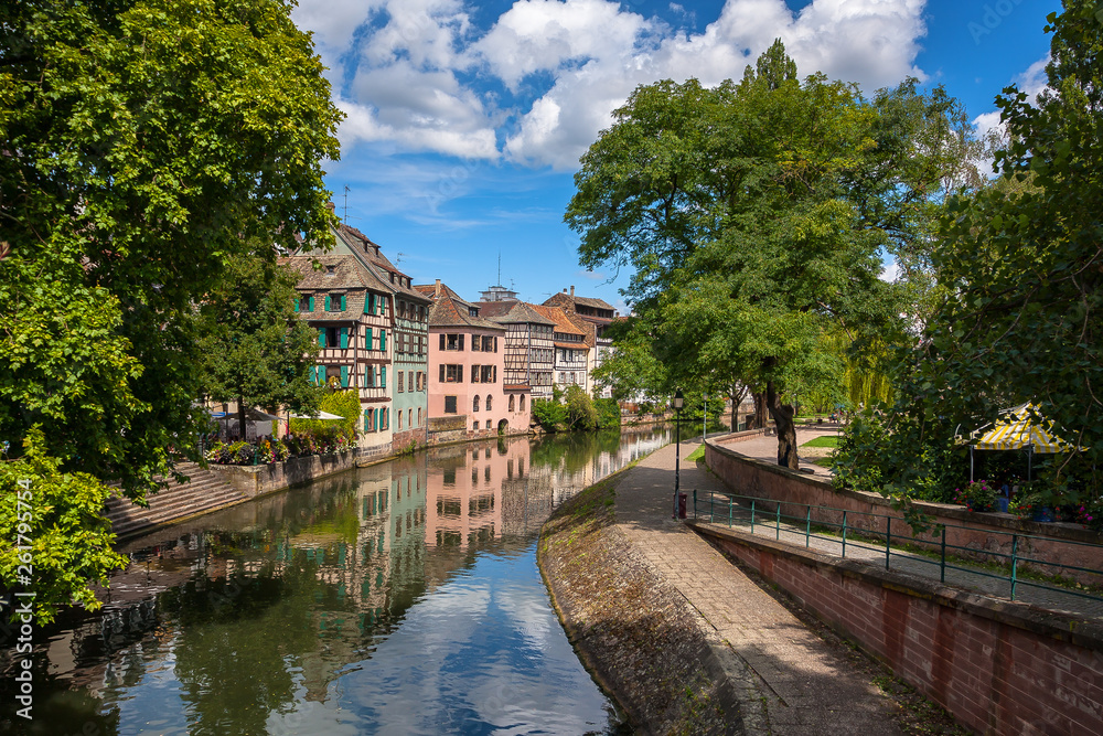 Water canal on Grand Ile island in center of Strasbourg city, Alsace, France