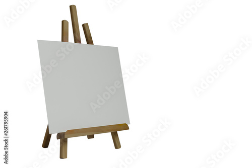 Desktop wooden easel and blank canvas on white background.Isolated objects. The template for the inscription.