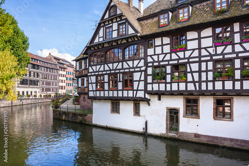 Streets and water canal in old and beautiful district "Petite France" in Strasbourg. Alsace, France.