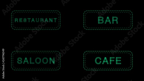 Four neon signs (restaurant, bar, saloon, cafe) are flashing with colored lights on a black background. Looped animation.