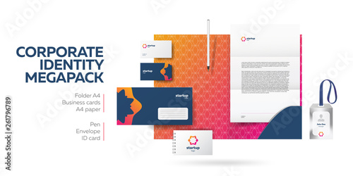 Corporate branding identity design. Stationery mockup vector megapack set. Template for industrial or technic company. Folder and A4 letter, visiting card and envelope. Colorful creative logo design.