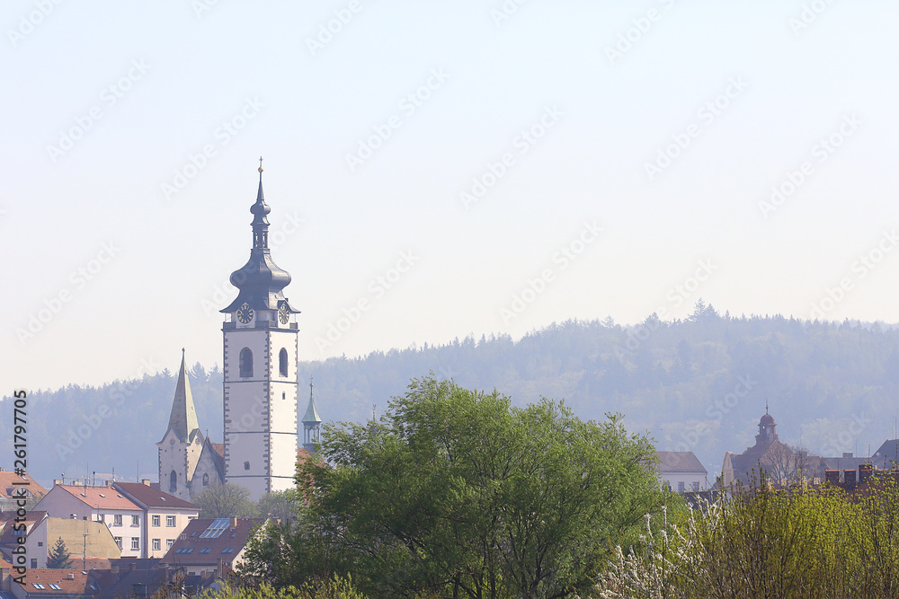 Catholic cathedral landscape Prague / view of the church in the czech republic, urban tourist landscape in Prague