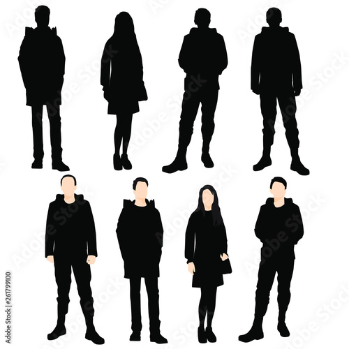 Set of silhouettes of men and women standing in various poses, cartoon character, group of business people in outerwear, vector illustration, flat designe icon black and beige color isolated on white