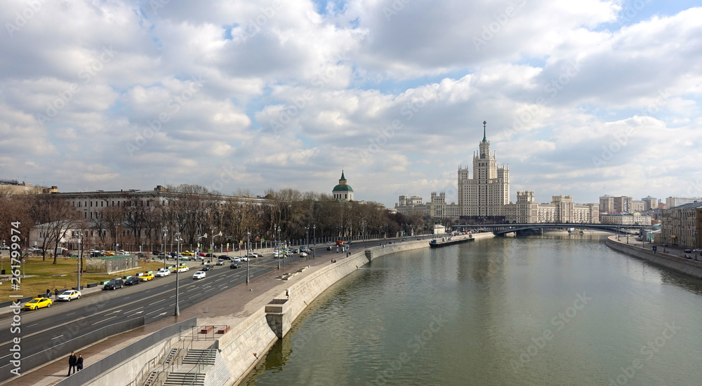 View of the Moscow River and the high-rise on the Kotelnicheskaya Embankment, Big Ustyinsky bridge in spring