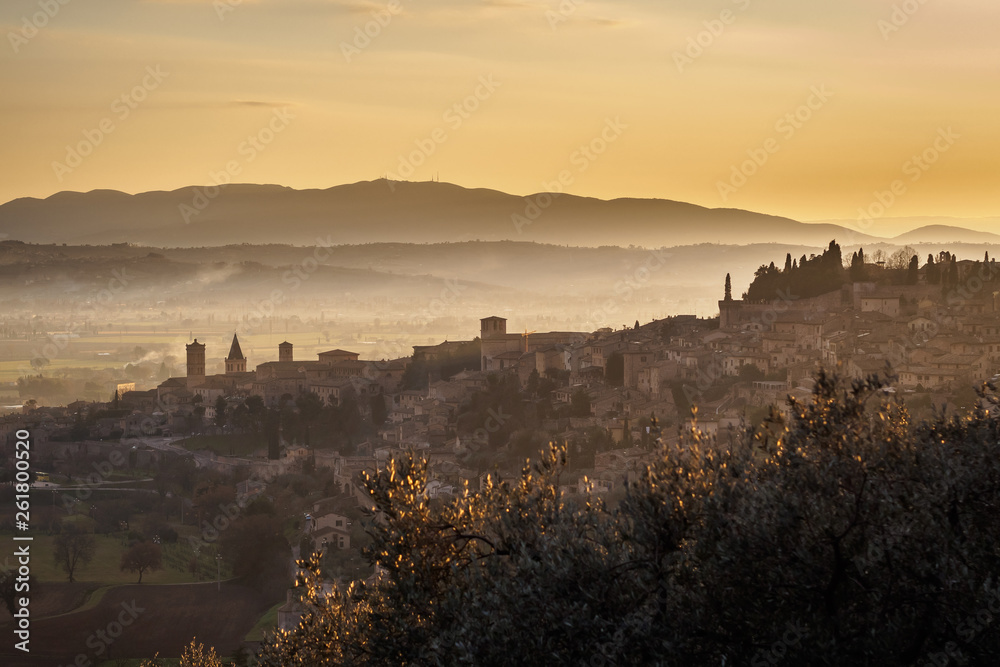 A view of Spello in Umbria at sunset. Landscape format.