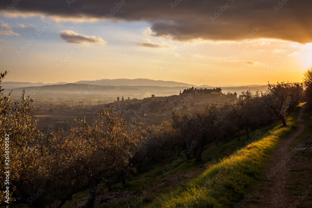 A view of Spello in Umbria at sunset. Landscape format.