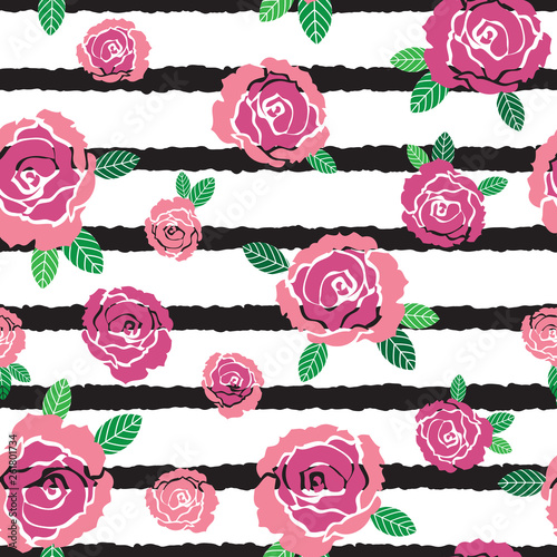 Pink roses and leaves on black striped background seamless pattern