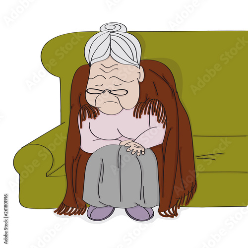 Very old grey-haired senior woman, granny, sitting on the sofa, sleeping and snoring. She has a blanket around her downbent back. Original hand drawn illustration.
