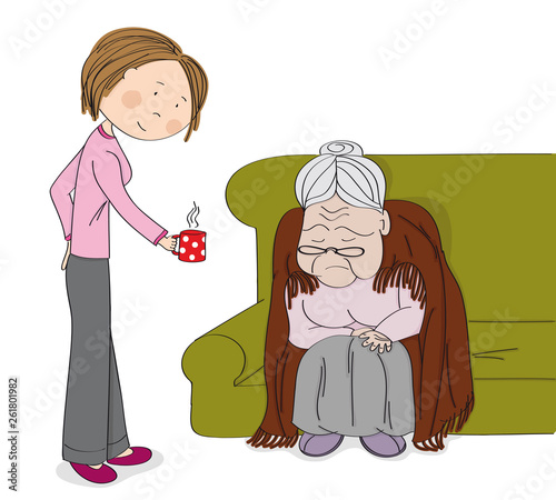 Very old grey-haired senior woman, granny, sitting on the sofa, sleeping and snoring. Young cheerful woman nurse carer bringing her a cup of tee or coffee. Original hand drawn illustration.