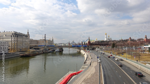 View of the Moscow Kremlin and Moscow River on a sunny spring day