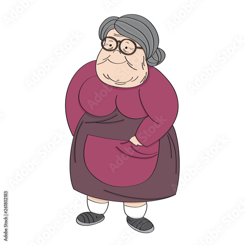 Old cheerful grey-haired obese senior woman, standing and smiling. Original hand drawn illustration.