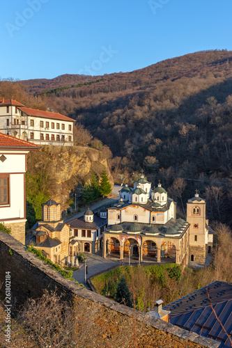 St. Joachim of Osogovo  Joakim Osogovski   near Kriva Palanka. Orthodox church and monastery in Macedonia under the sunset horizon.