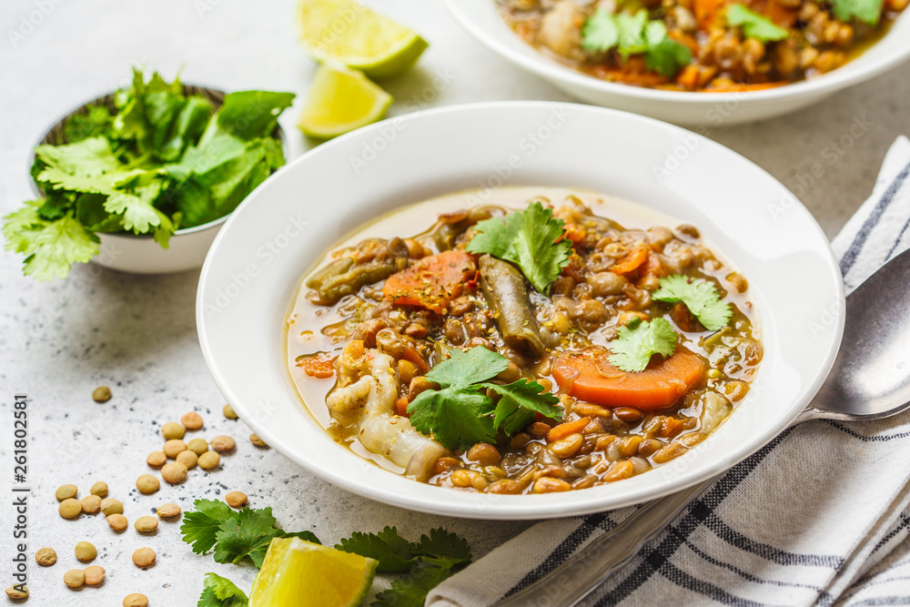 Lentil soup with vegetables in a white plate, white background. Plant based food, clean eating. Lentil soup with vegetables in a white plate, white background. Plant based food, clean eating.