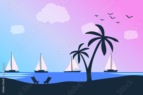 Summer holiday beach background. Tropical paradise  palm trees silhouette