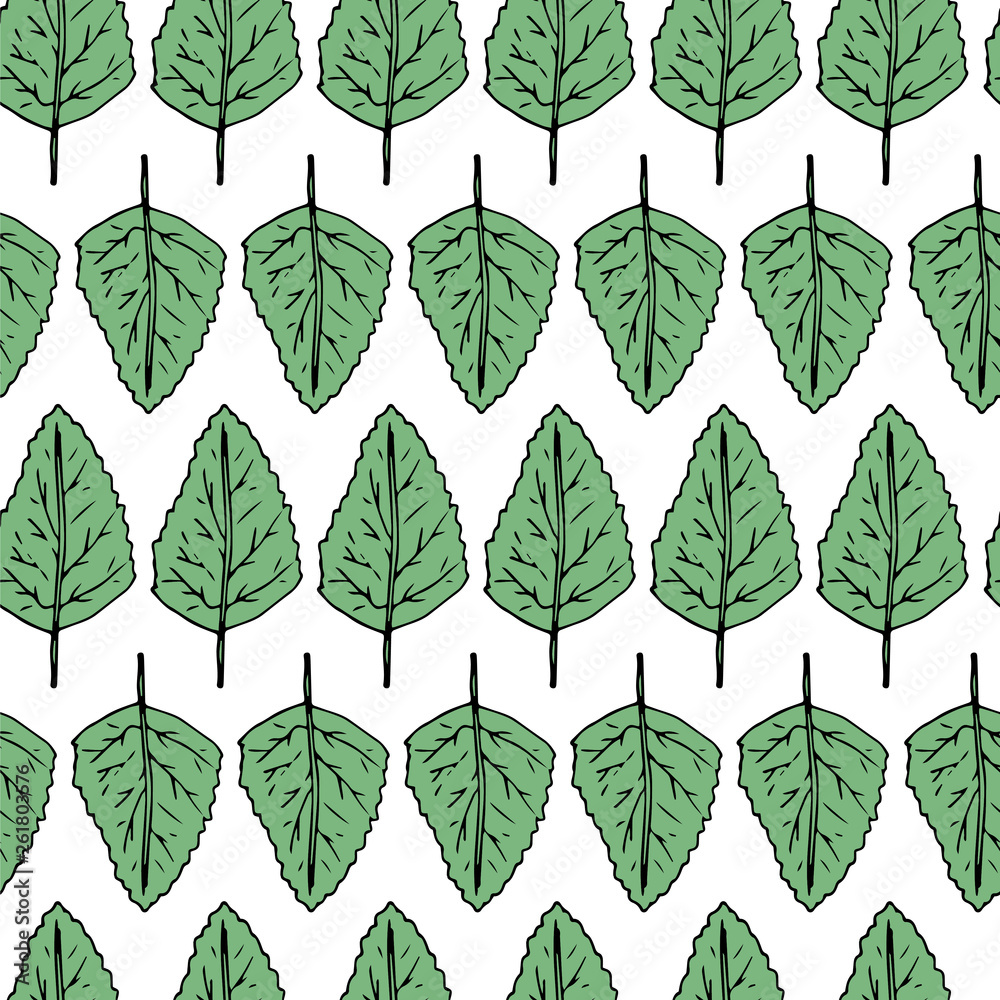 Hand draw seamless pattern. Green leafs. Vector illustration.