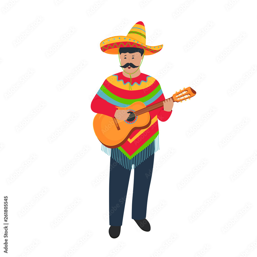 Mexican musician in poncho and sombrero playing guitar. Cinco de Mayo. 5th of May.