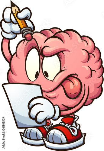 Cartoon brain looking at a piece of paper and thinking clip art. Vector illustration with simple gradients. All in a single layer.