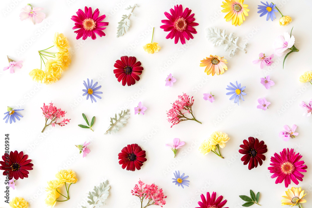 Floral pattern with spring flowers and leaves on white background. Flat lay. Top view