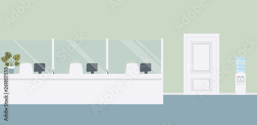 Bank office interior:Bank barrier with glass and door to cabinet.Elegant interior financial institution. Hall with bank counter with plant monstera in pot on it and water cooler. Vector illustration