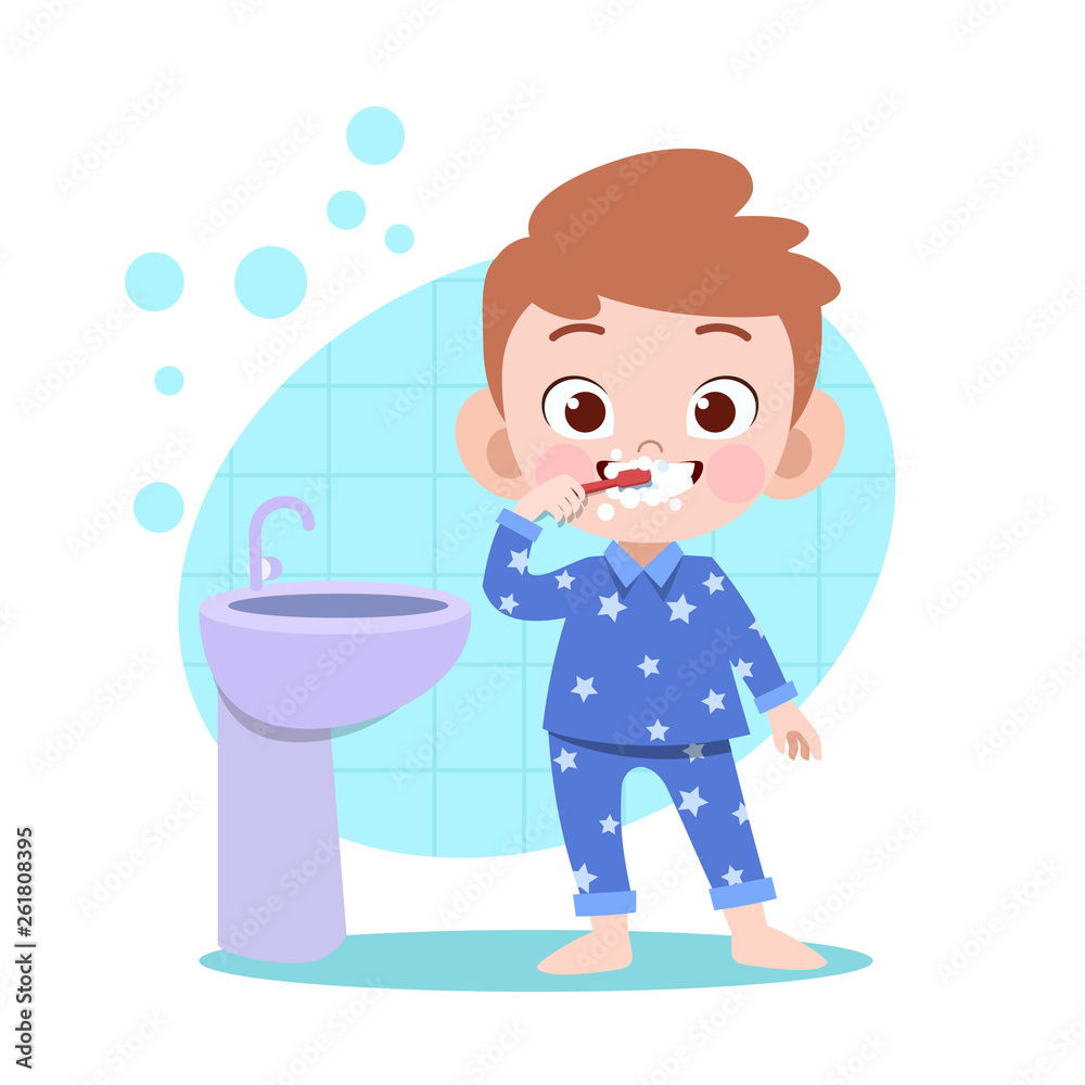 kid boy brushing teeth vector illustration