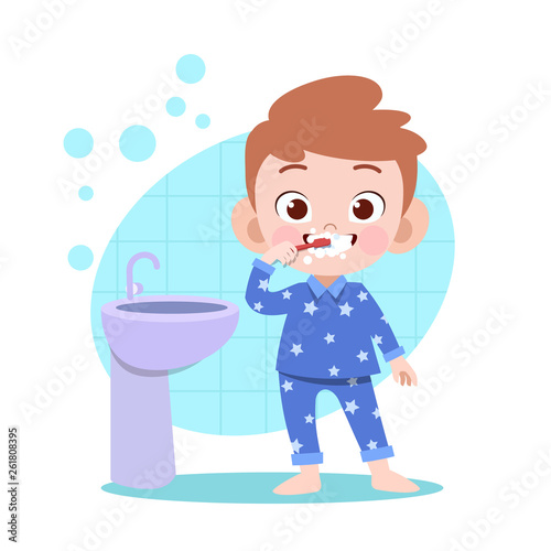 kid boy brushing teeth vector illustration